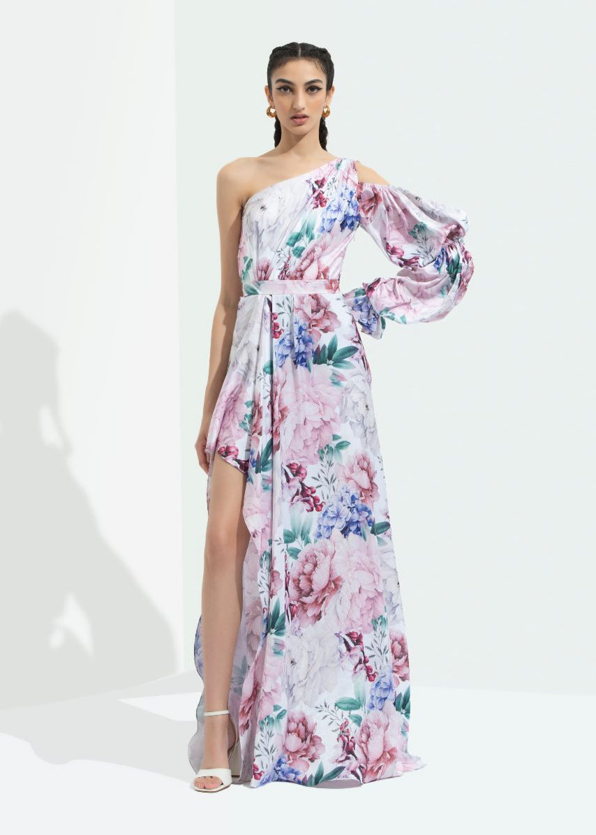Iris Printed One Off Shoulder High Low Dress