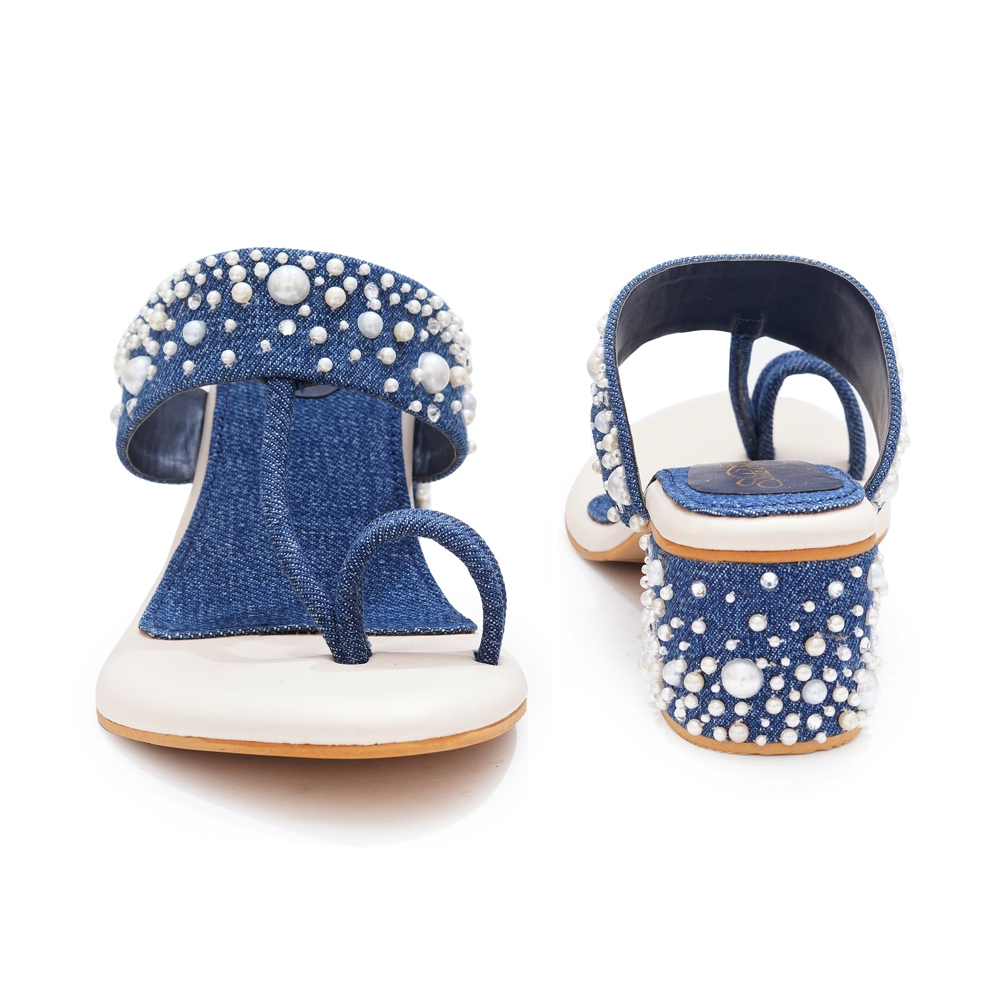 Denim Pearl Embellished Block Heels