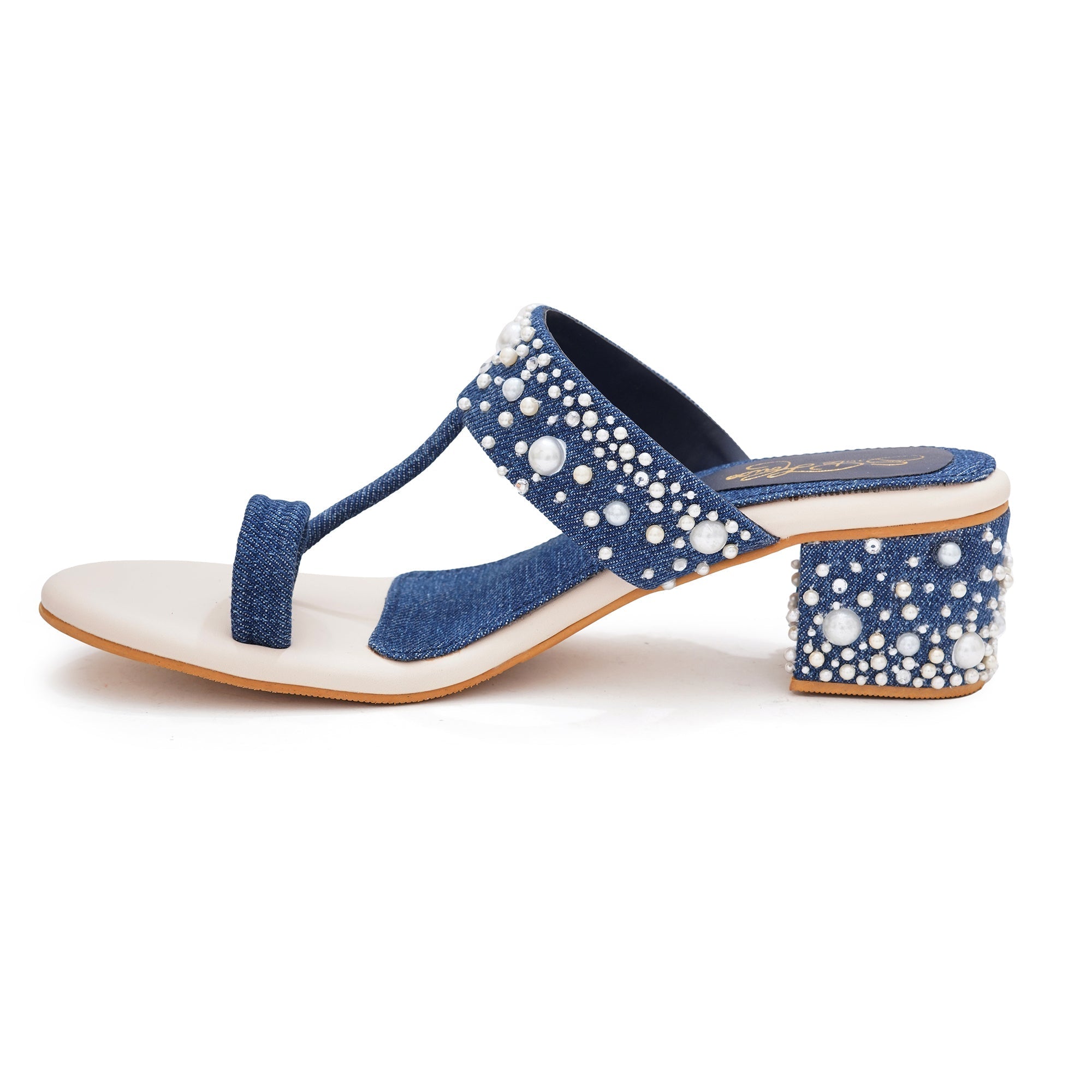 Denim Pearl Embellished Block Heels