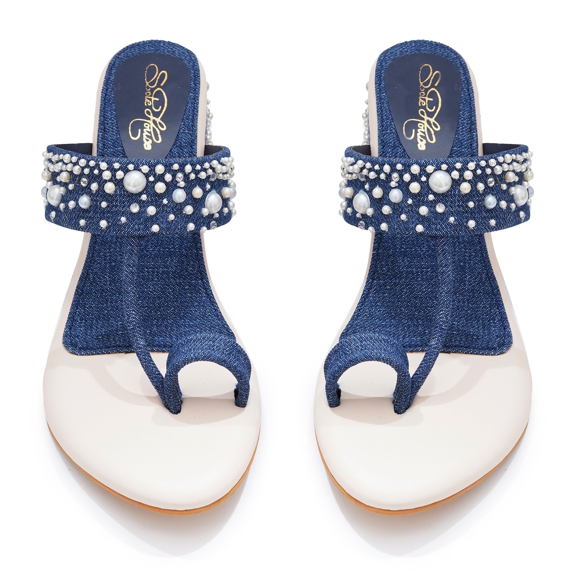 Denim Pearl Embellished Block Heels