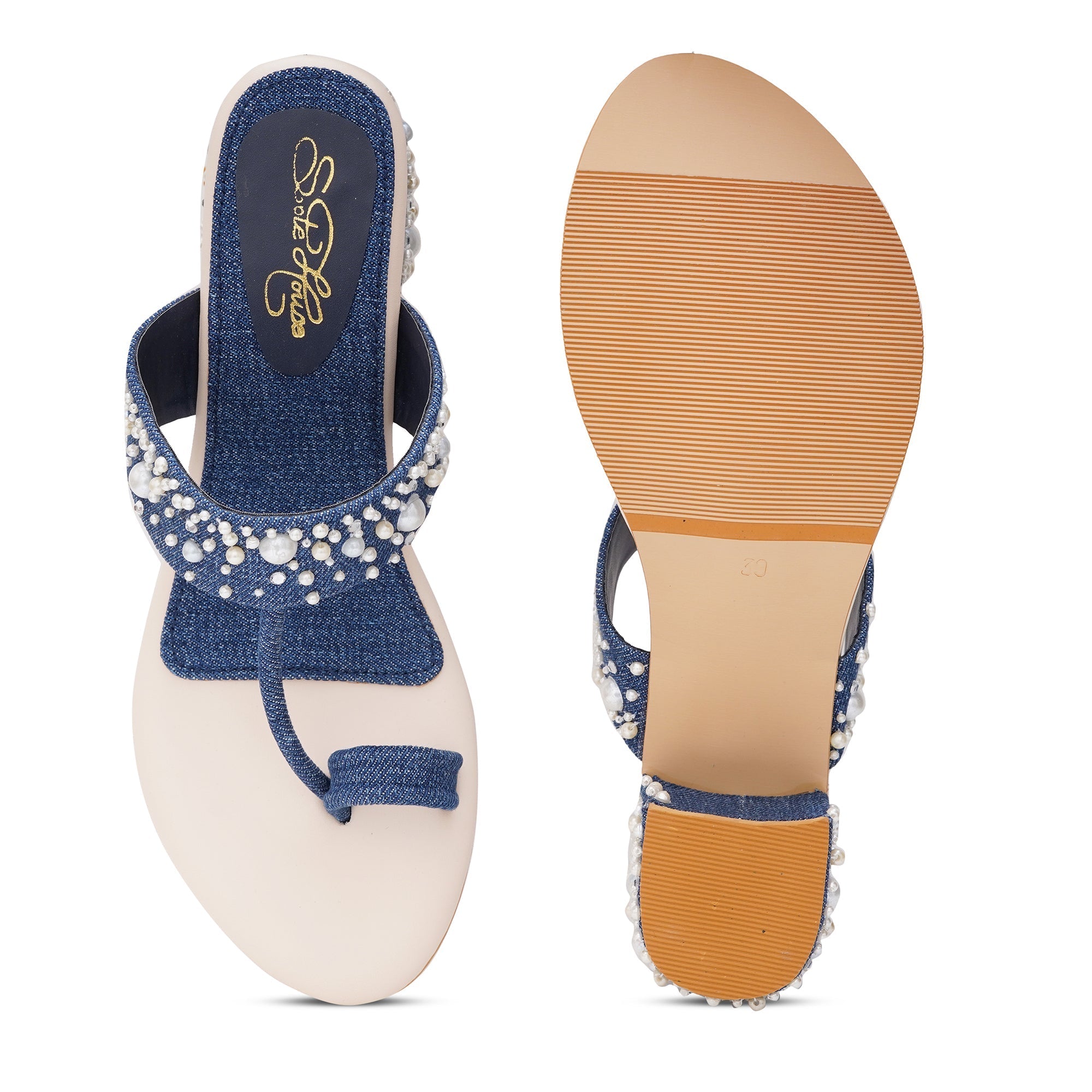 Denim Pearl Embellished Block Heels