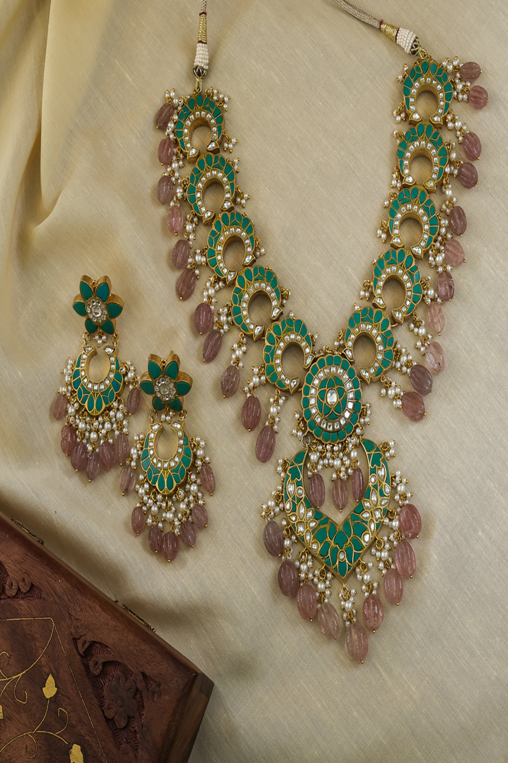 Statement Kundan Set With Turquoise Stones And Pink Beads