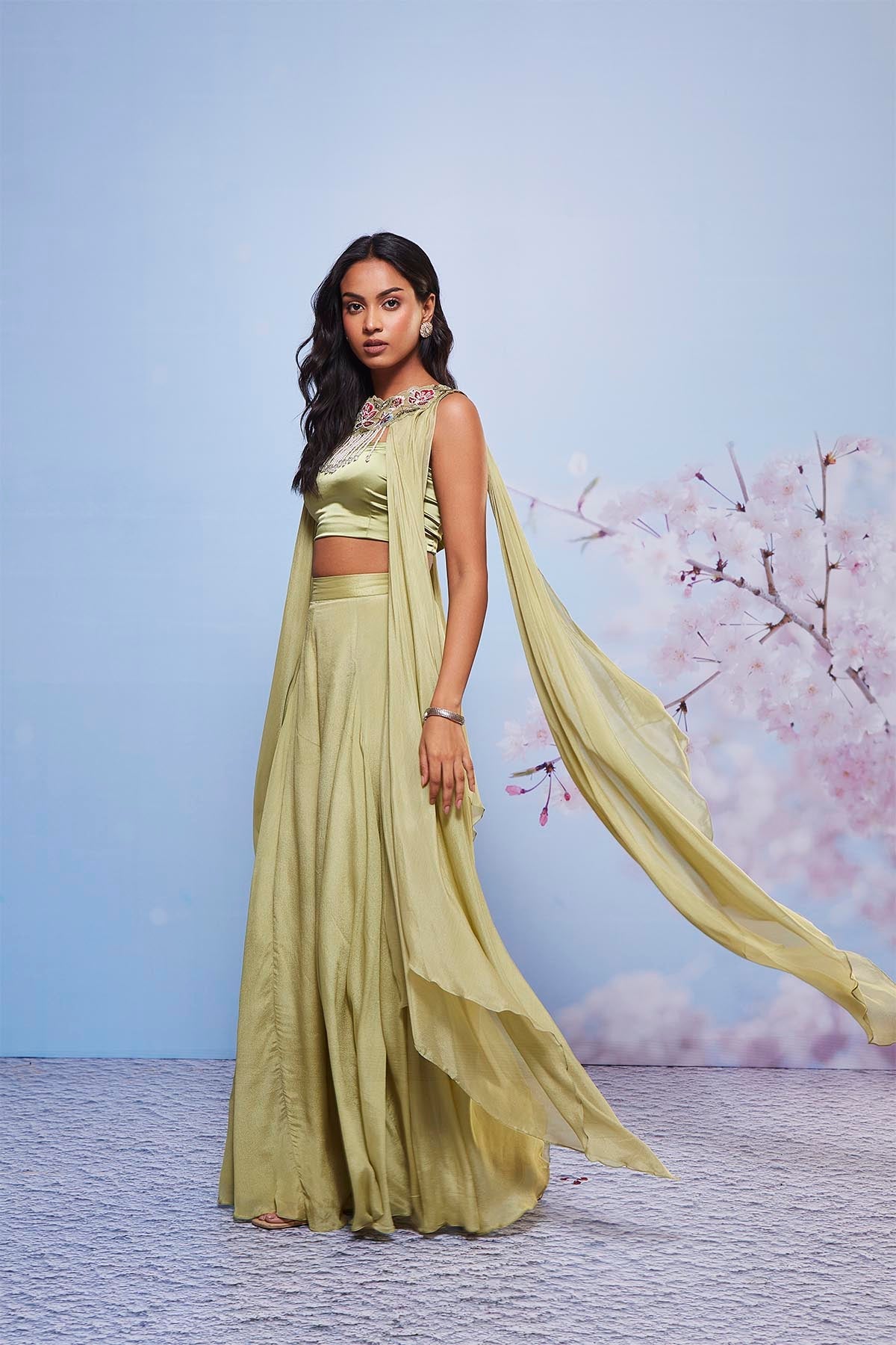 Daisy Mint Embroidered Jacket with Sharara and Bustier Set