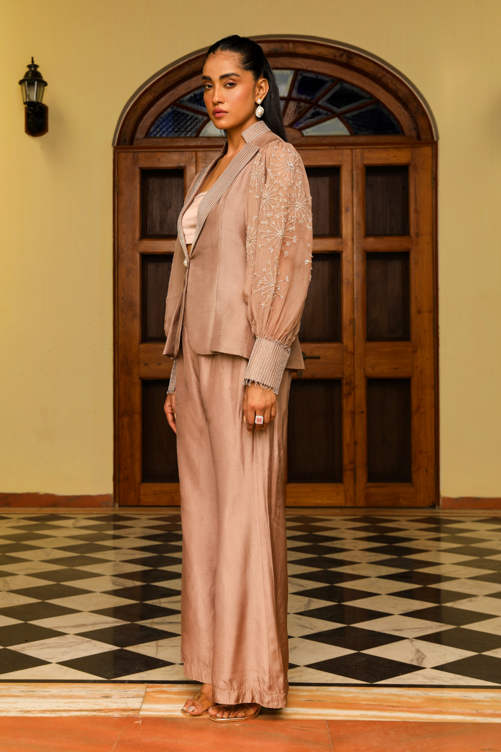 Pia Embellished Organza Jacket and Silk Pants Co-ord Set - Beige