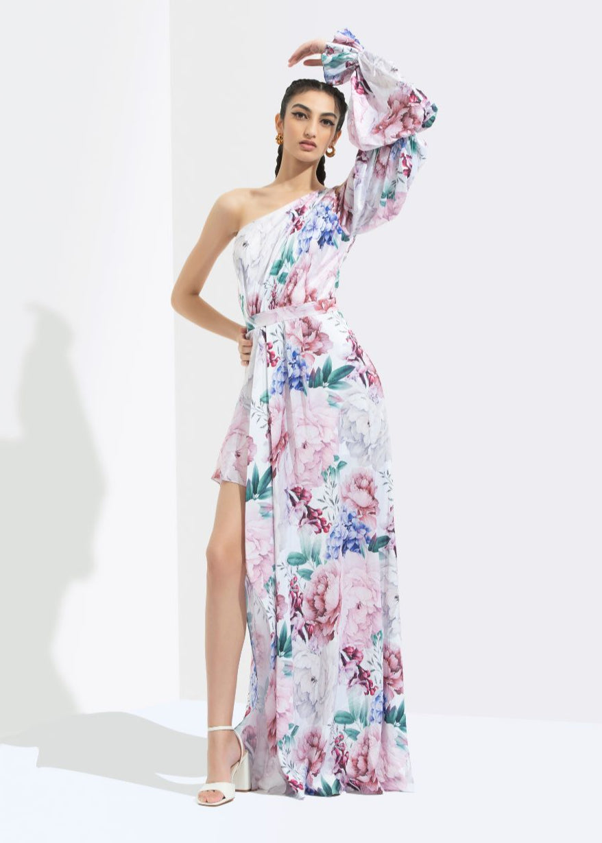 Iris Printed One Off Shoulder High Low Dress