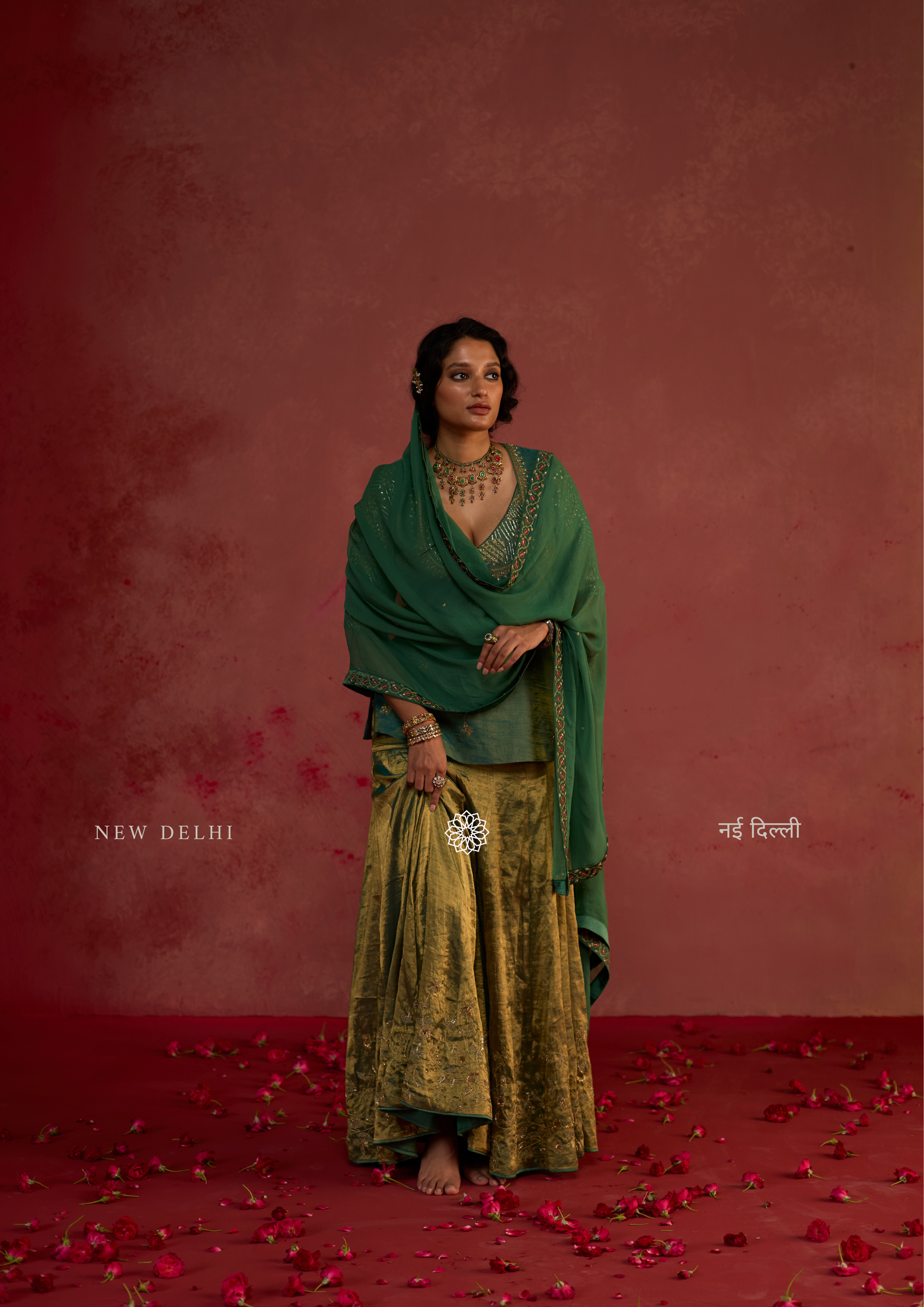 Reisha | Pine Green Tissue Sharara Set with Banarasi Silk Dupatta