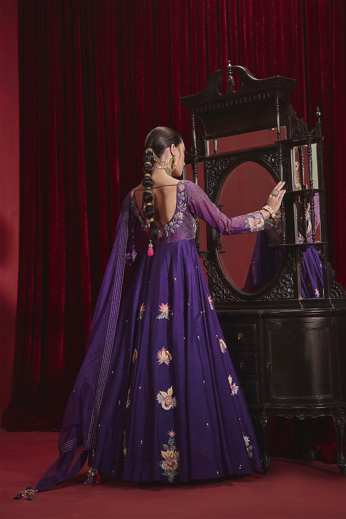 Saloni Purple Embroidered Dupion Silk Anarkali with Organza Dupatta