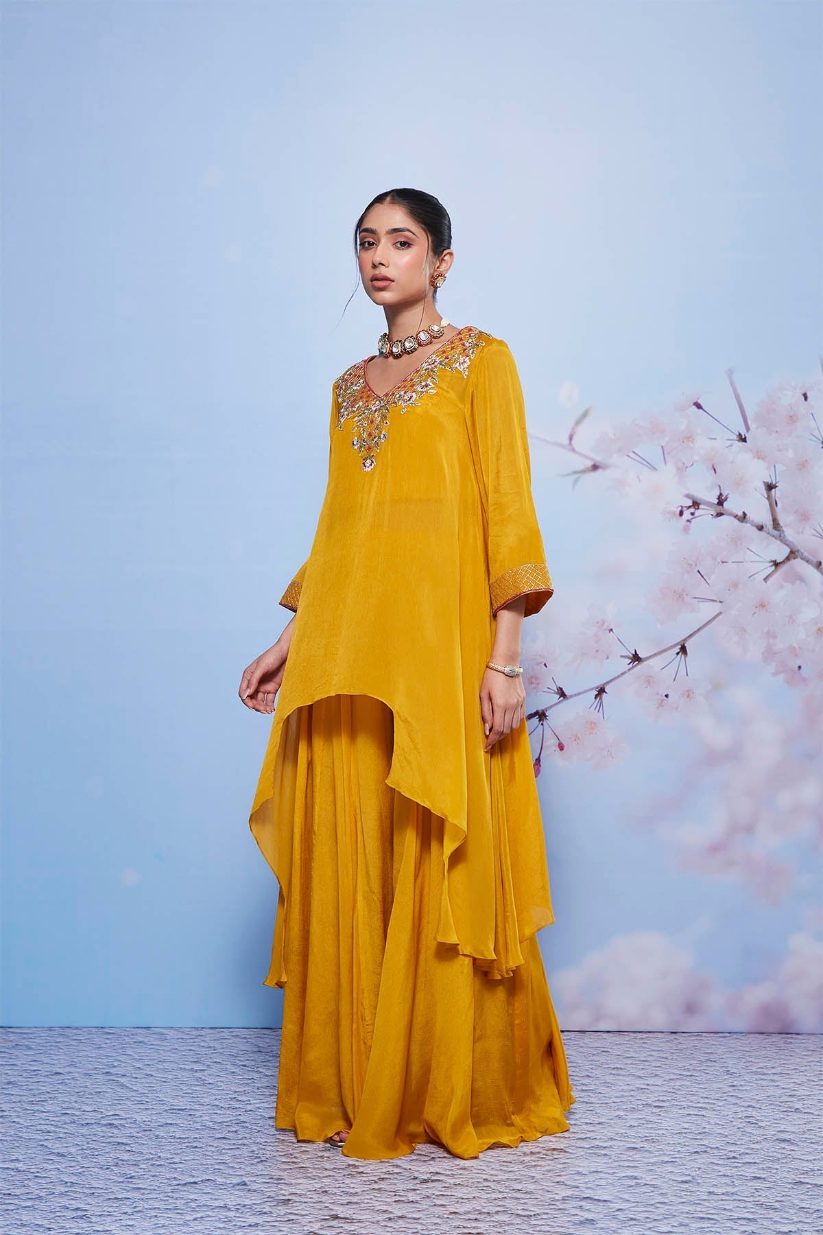 Mustard Chiffon Asymmetrical Kurta Set with Sharara – Chanda