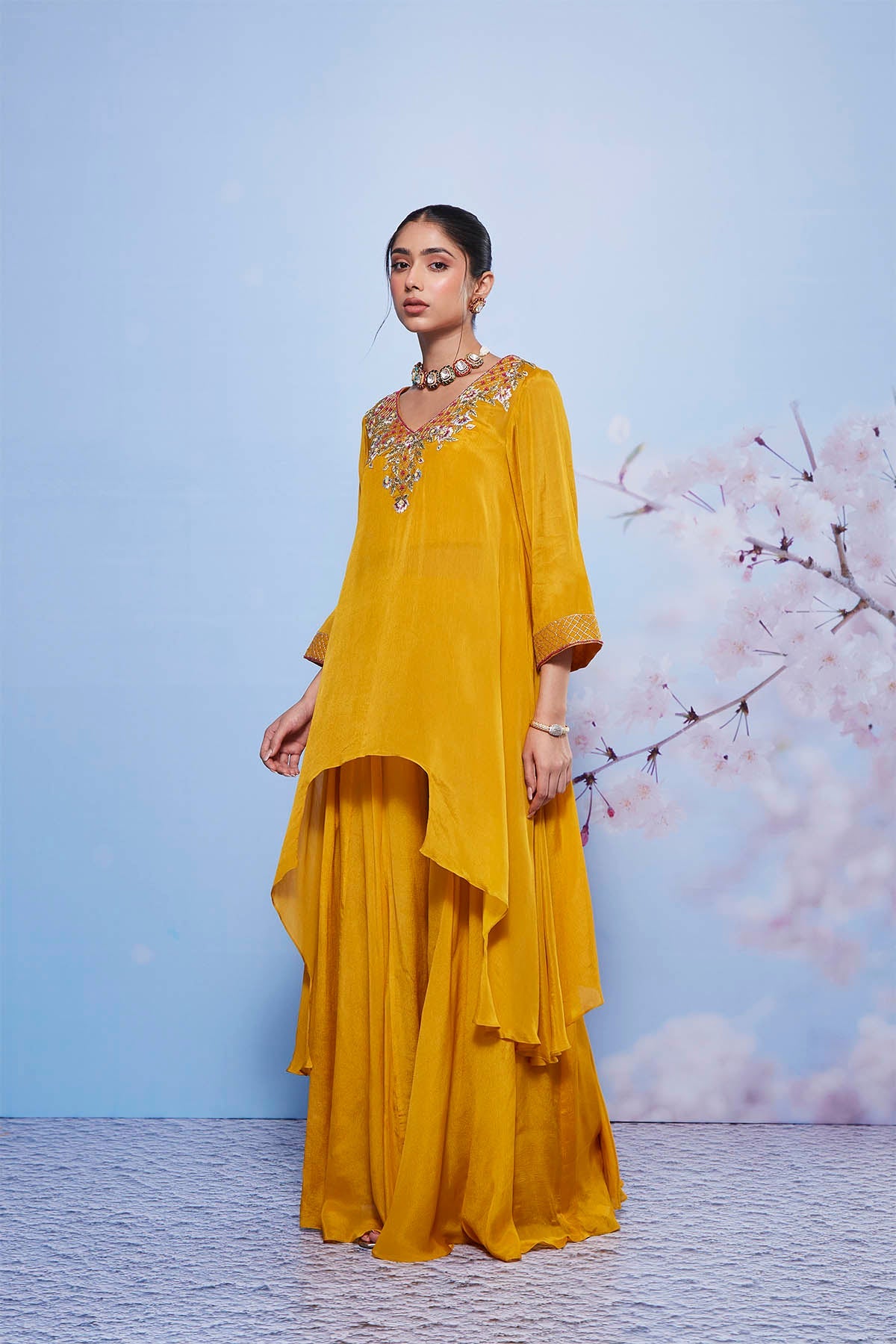 Mustard Chiffon Asymmetrical Kurta with Sharara Set - Festive Wear
