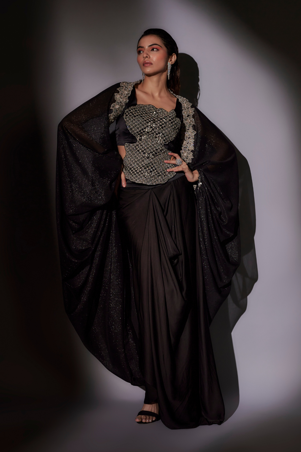 Black Blossom Cape Set with Heavy Hand Embroidered Top and Satin Skirt
