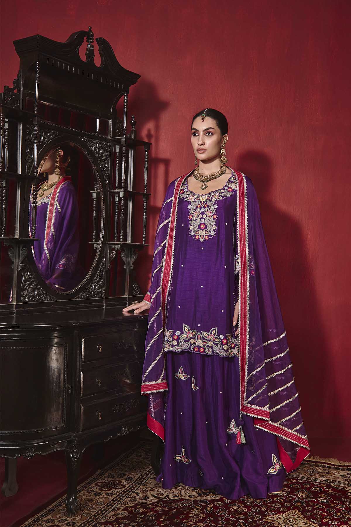 Purple Dupion Silk A-Line Kurta and Sharara Set - Shagun