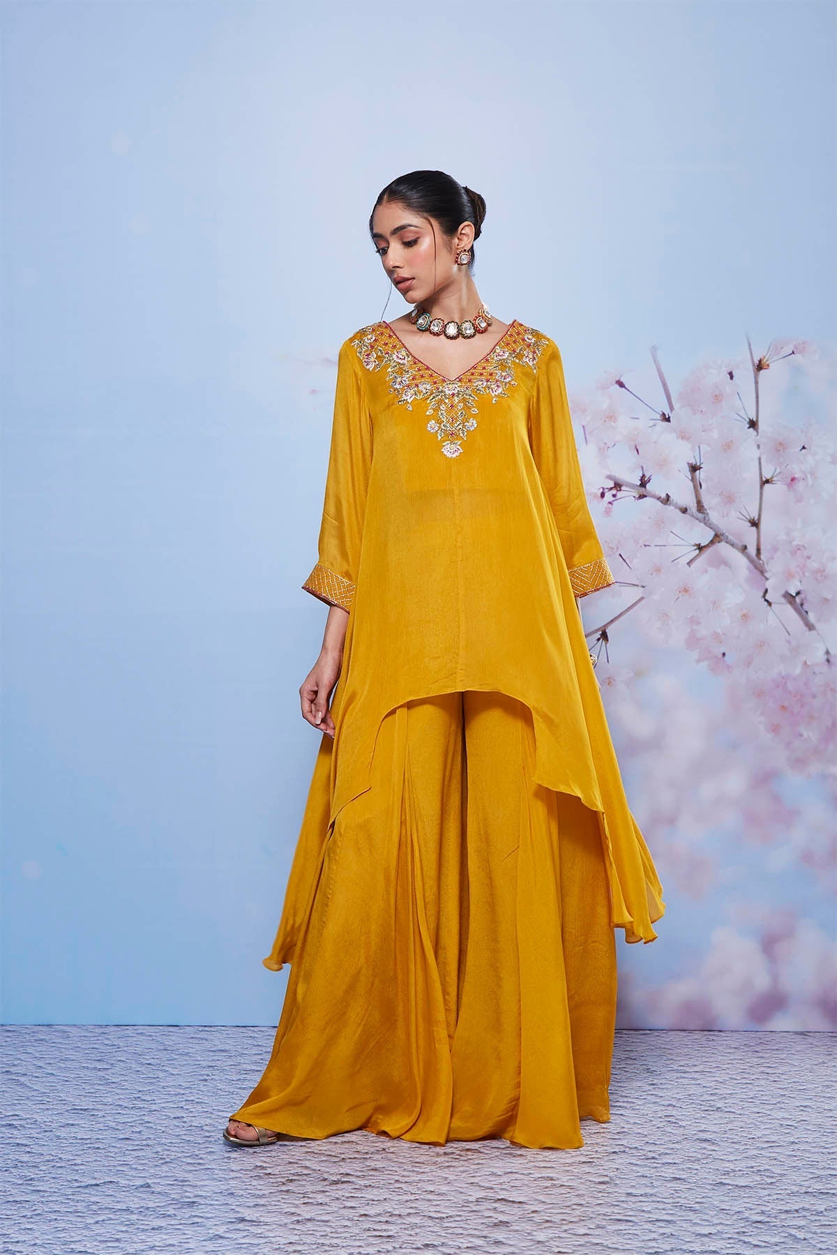 Mustard Chiffon Asymmetrical Kurta Set with Sharara – Chanda