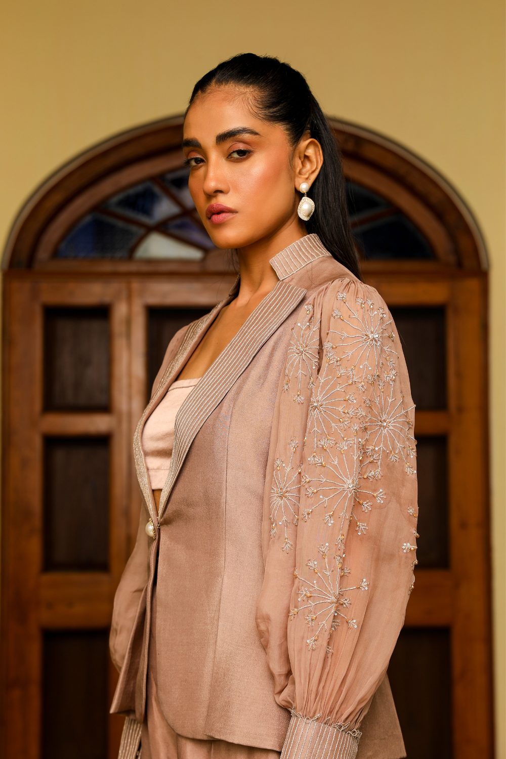 Pia Embellished Organza Jacket and Silk Pants Co-ord Set - Beige