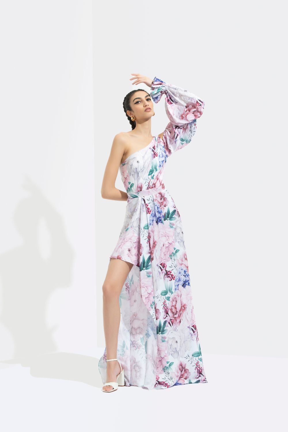 Iris Printed One Off Shoulder High Low Dress