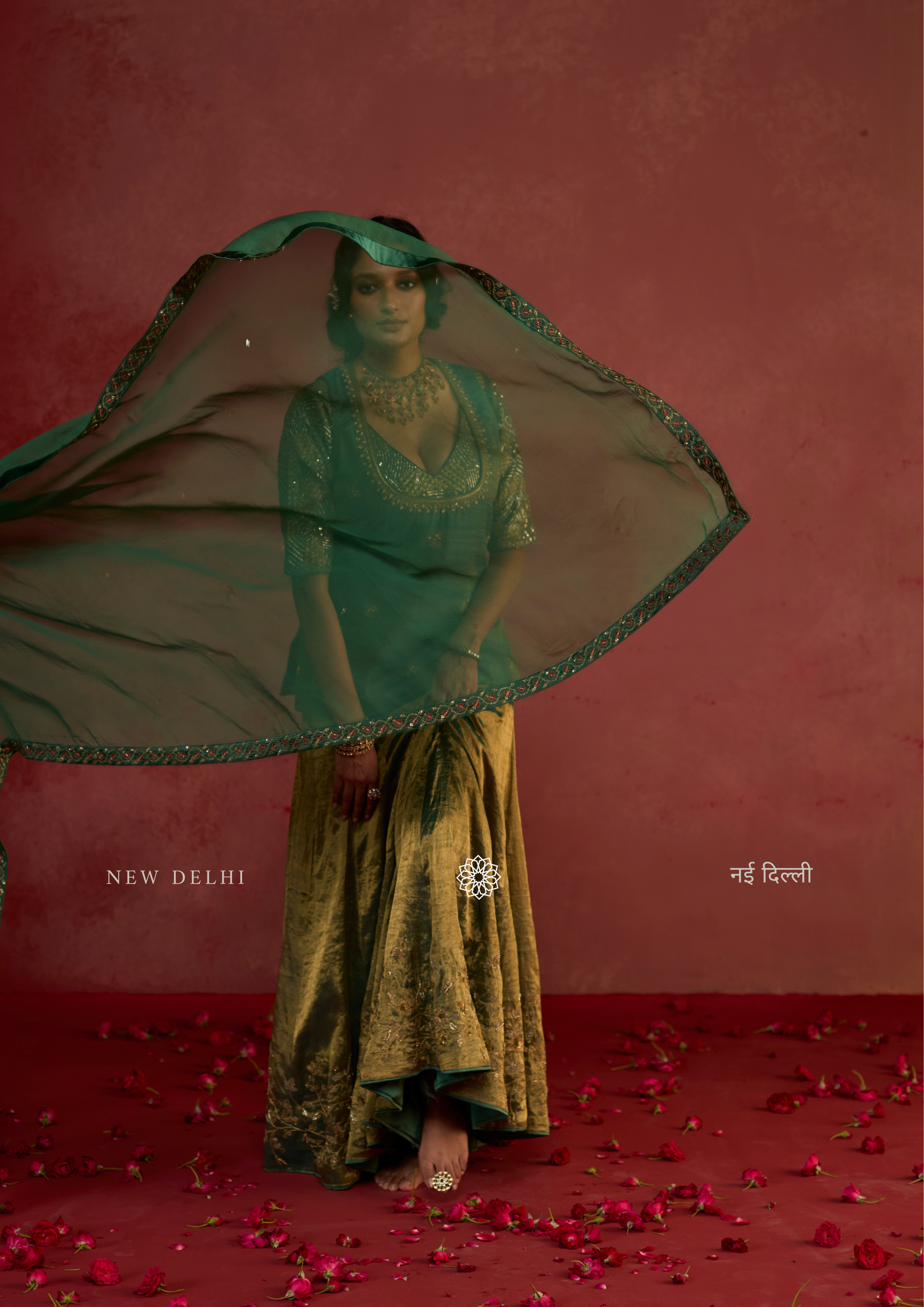 Reisha | Pine Green Tissue Sharara Set with Banarasi Silk Dupatta