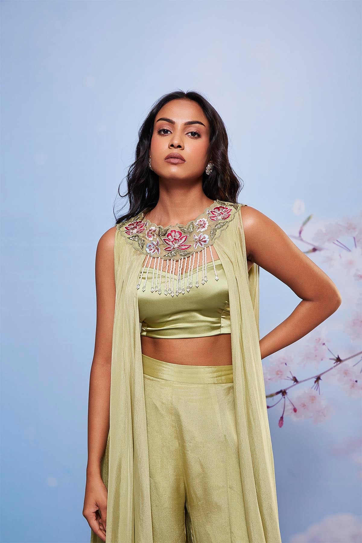 Daisy Mint Embroidered Jacket with Sharara and Bustier Set