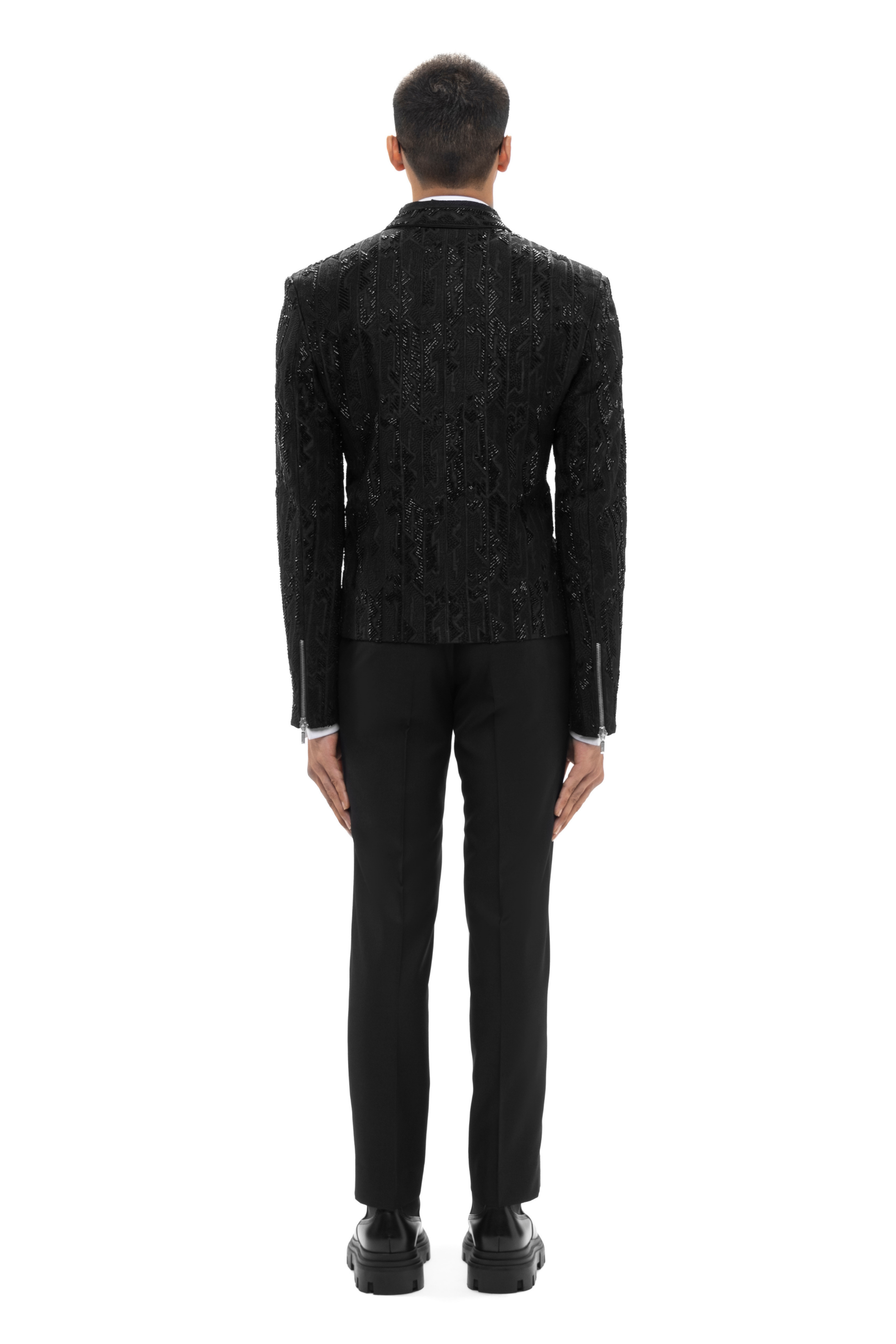 Black Silk Modern Embroidery Biker Jacket