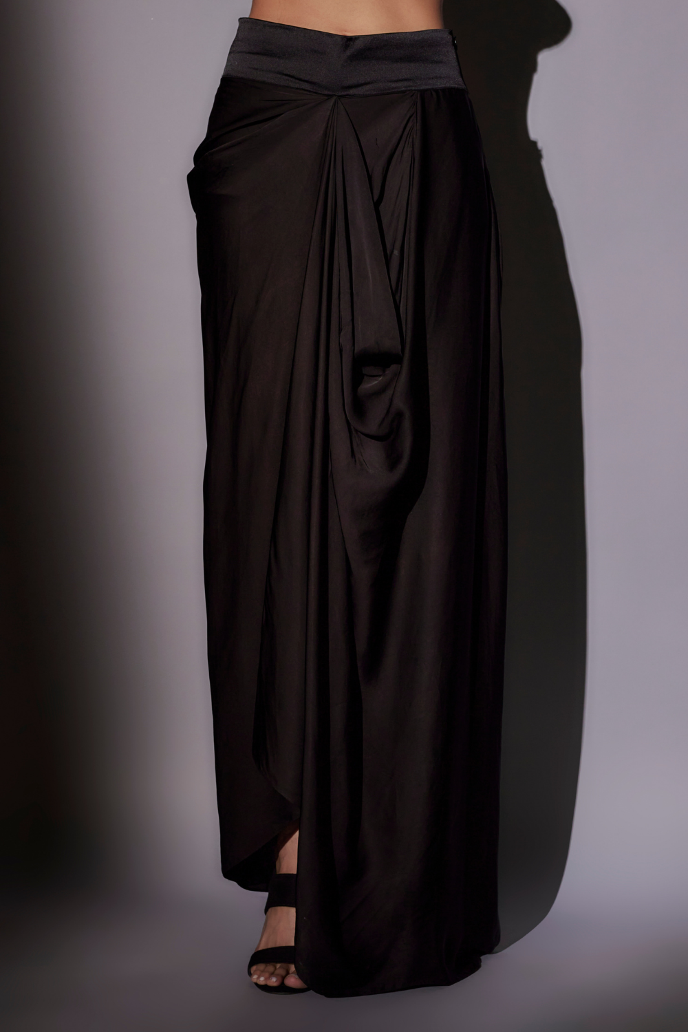Black Blossom Cape Set with Heavy Hand Embroidered Top and Satin Skirt