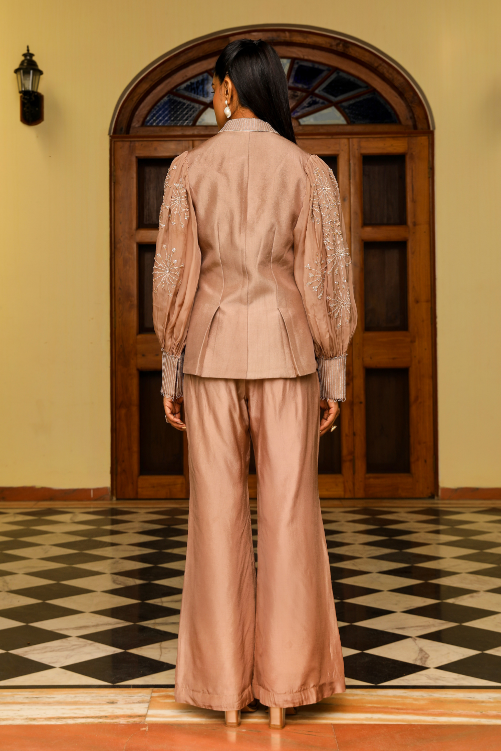 Pia Embellished Organza Jacket and Silk Pants Co-ord Set - Beige