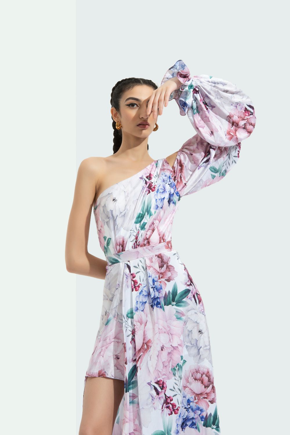 Iris Printed One Off Shoulder High Low Dress