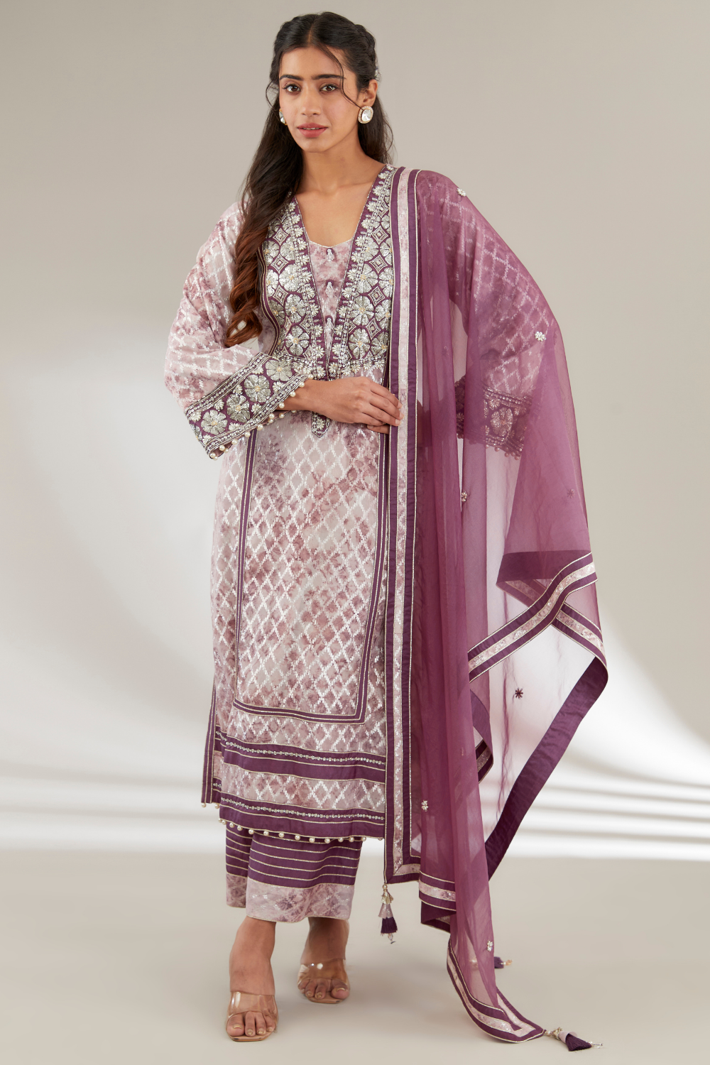 Sahana Purple Upada Silk Embroidered Suit Set with Organza Dupatta
