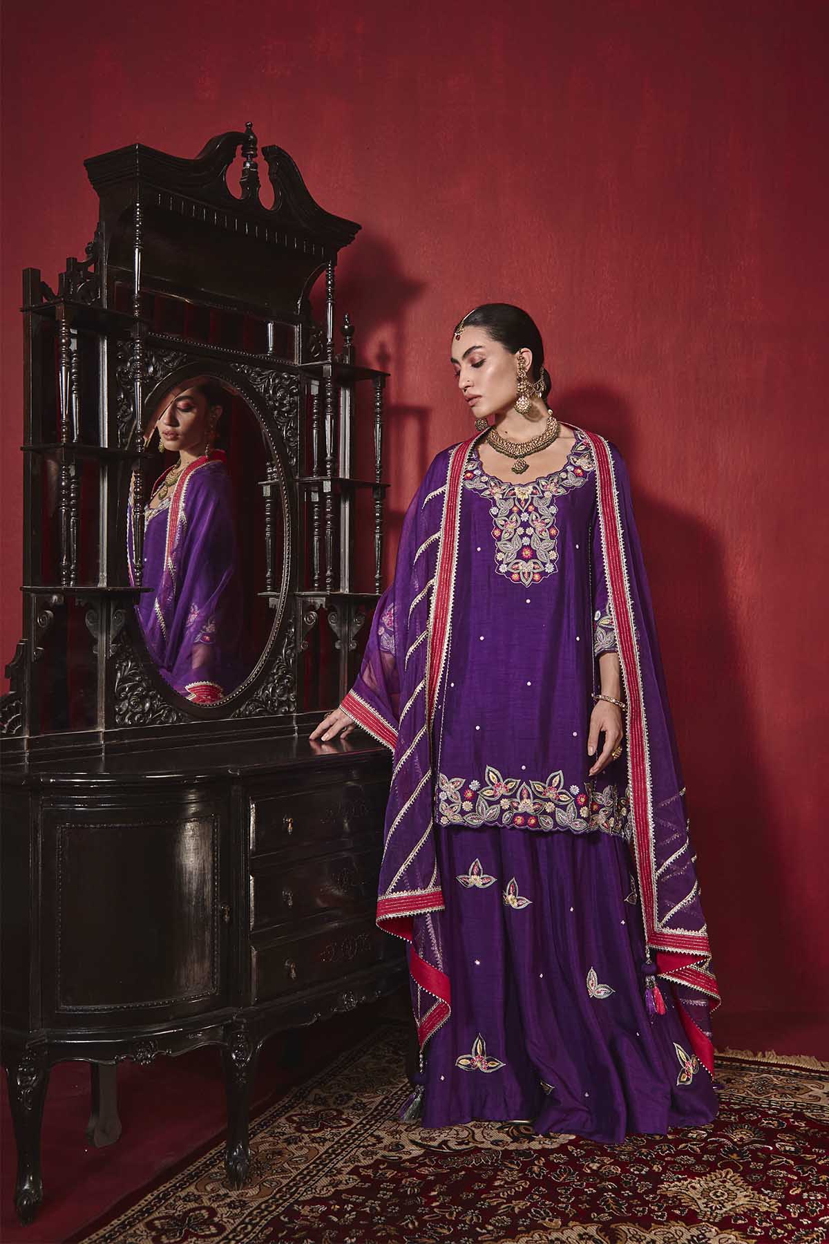 Purple Dupion Silk A-Line Kurta and Sharara Set - Shagun