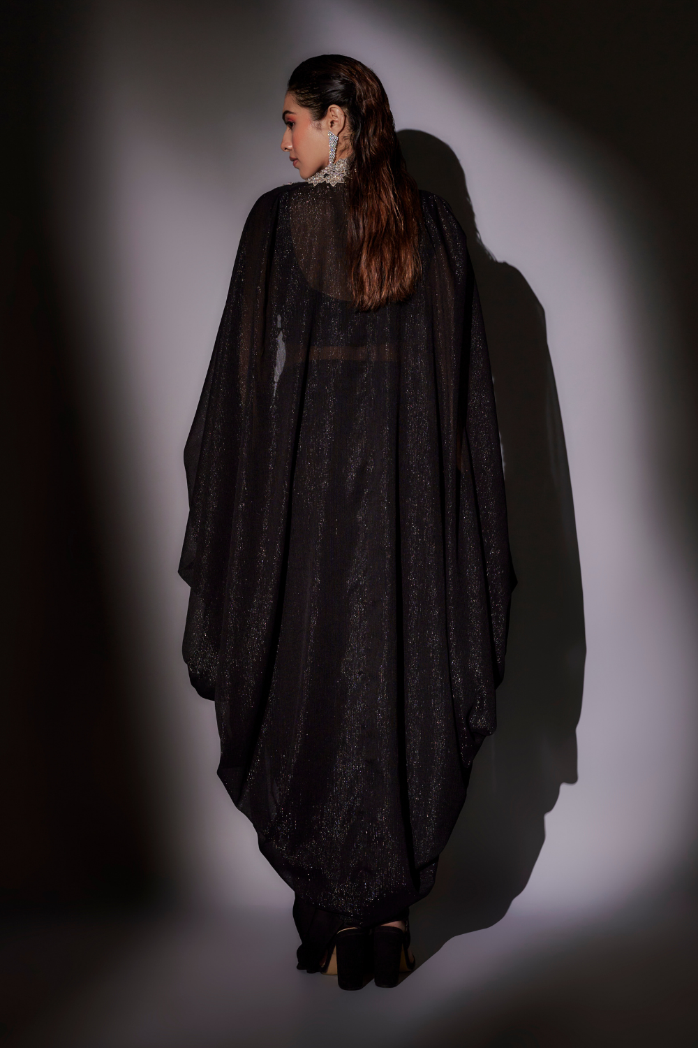 Black Blossom Cape Set with Heavy Hand Embroidered Top and Satin Skirt