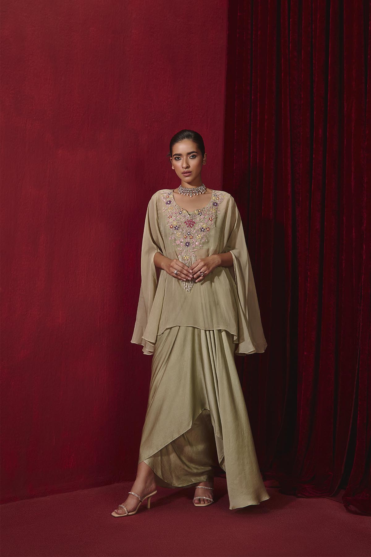 Chahat Mint Embroidered Organza Cape and Pick Up Skirt Set