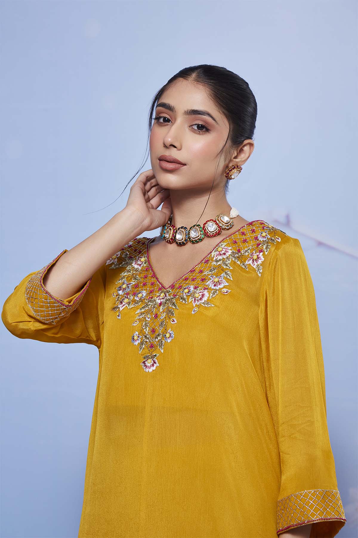 Mustard Chiffon Asymmetrical Kurta Set with Sharara – Chanda