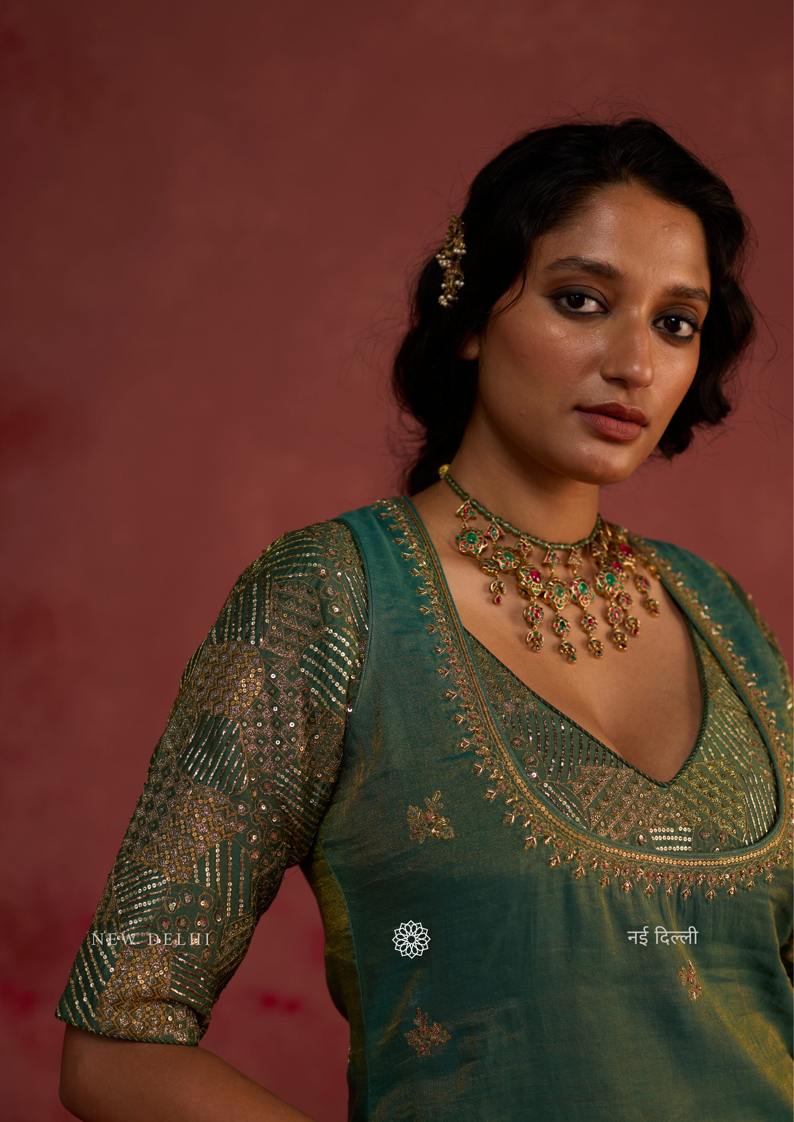 Reisha | Pine Green Tissue Sharara Set with Banarasi Silk Dupatta