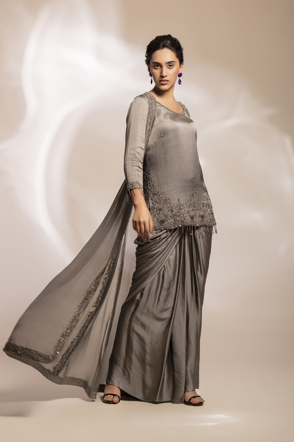 Lungi Drape With Antique Good Kurta With Embroidered Paneeked Long Jacket - Auraya Fashion 