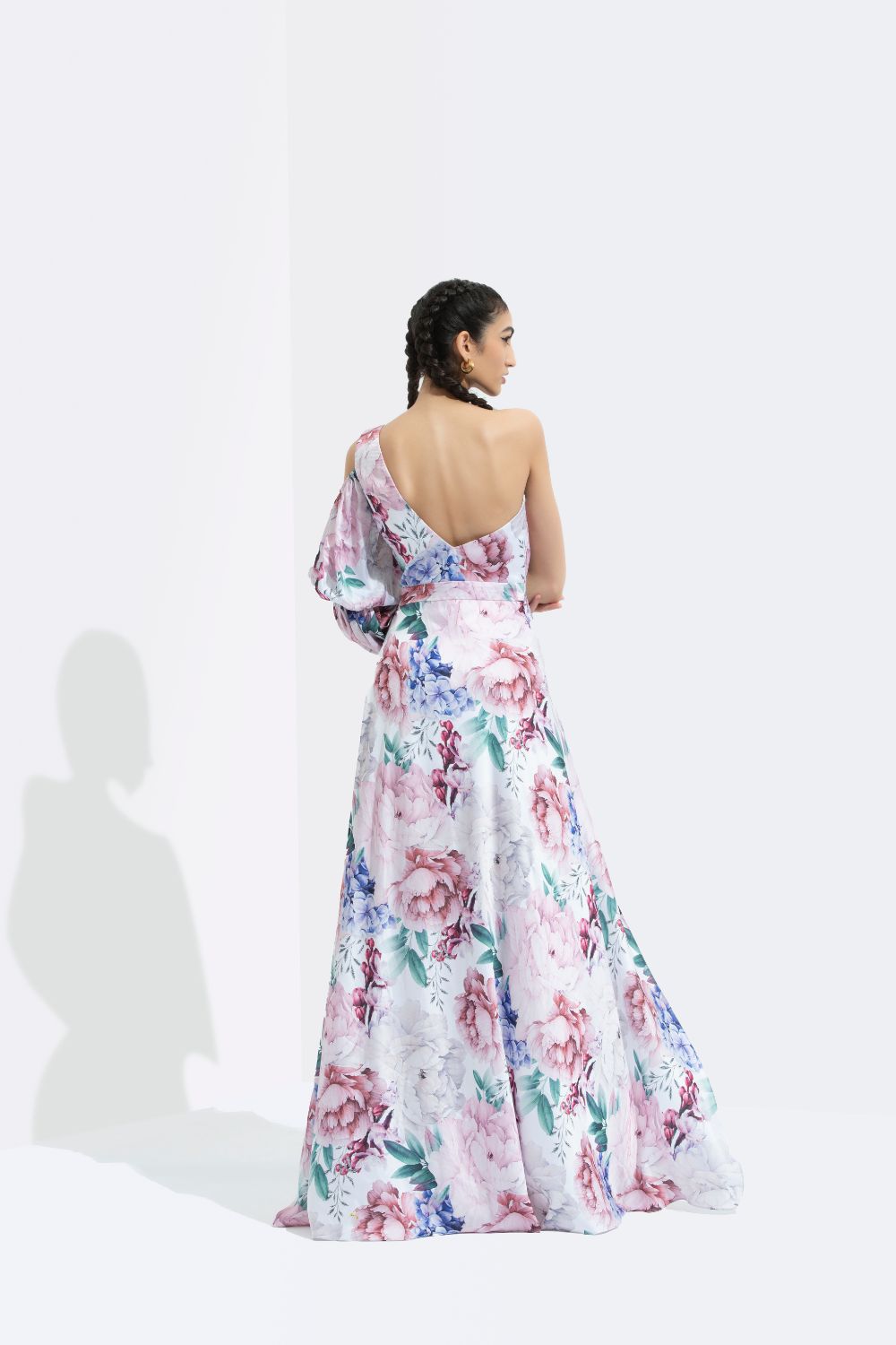 Iris Printed One Off Shoulder High Low Dress