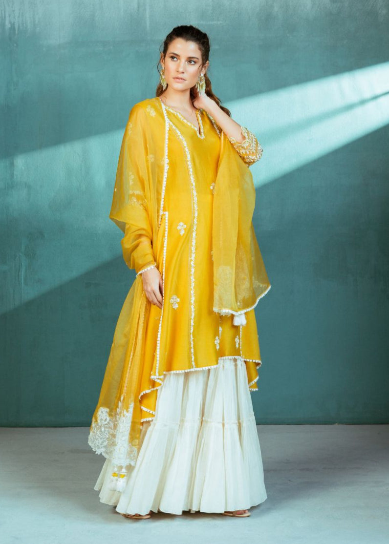 Mustard Chanderi Godet Kurta Sharara Set