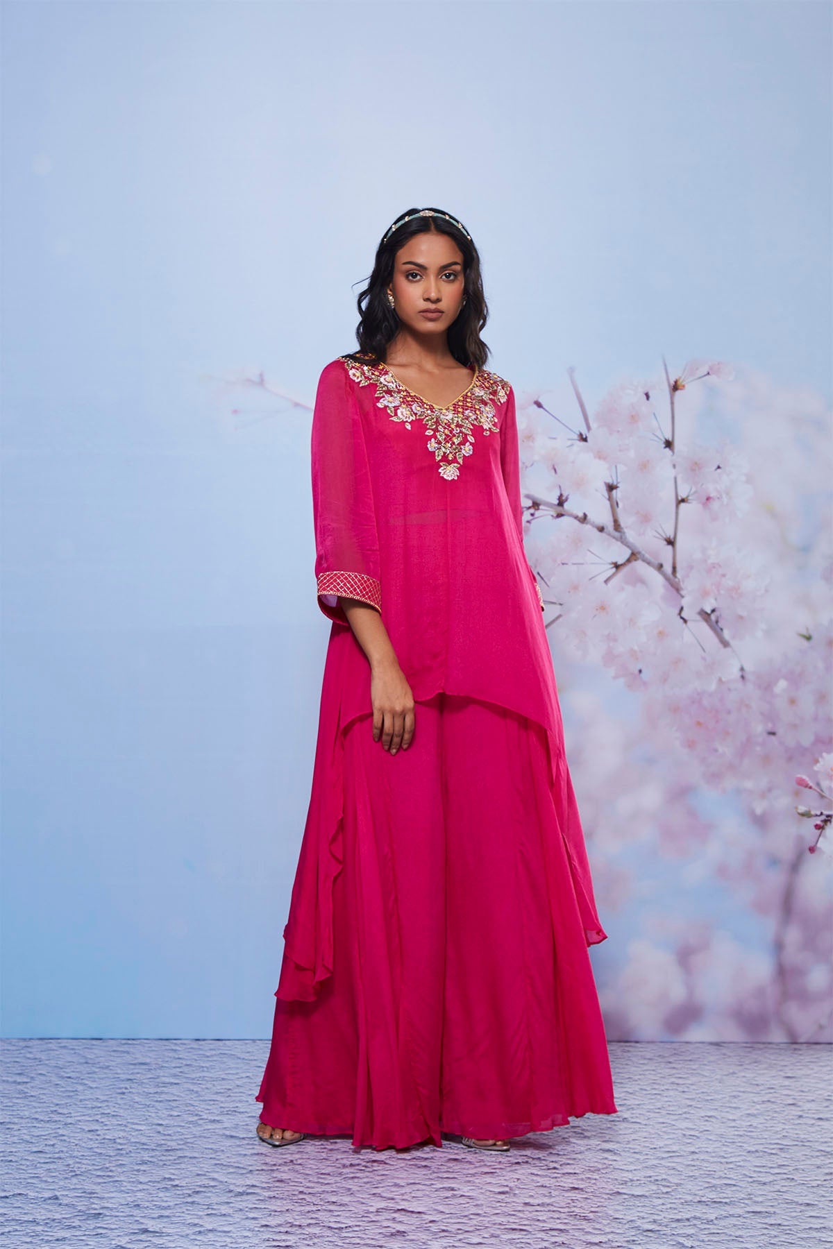 Chanda Rani Asymmetrical Chiffon Kurta Set with Sharara & Bustier