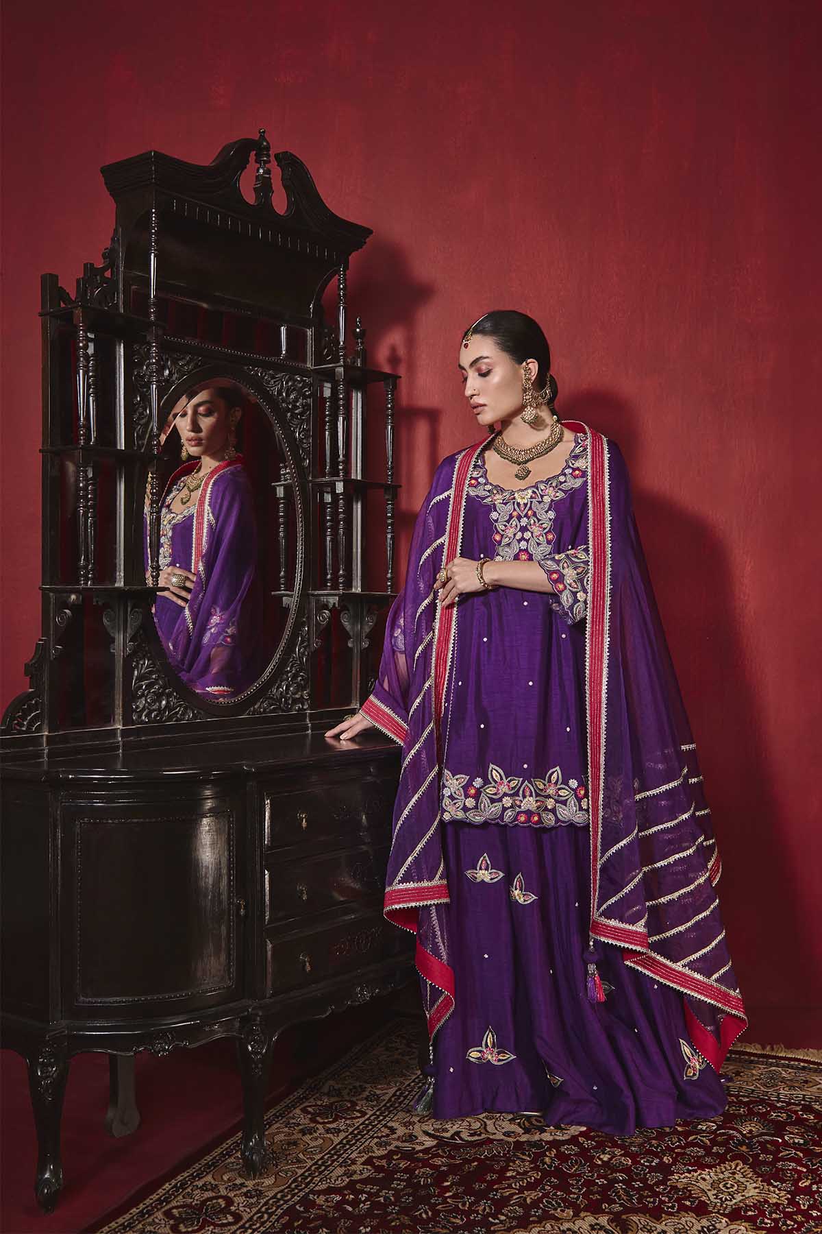 Purple Dupion Silk A-Line Kurta and Sharara Set - Shagun