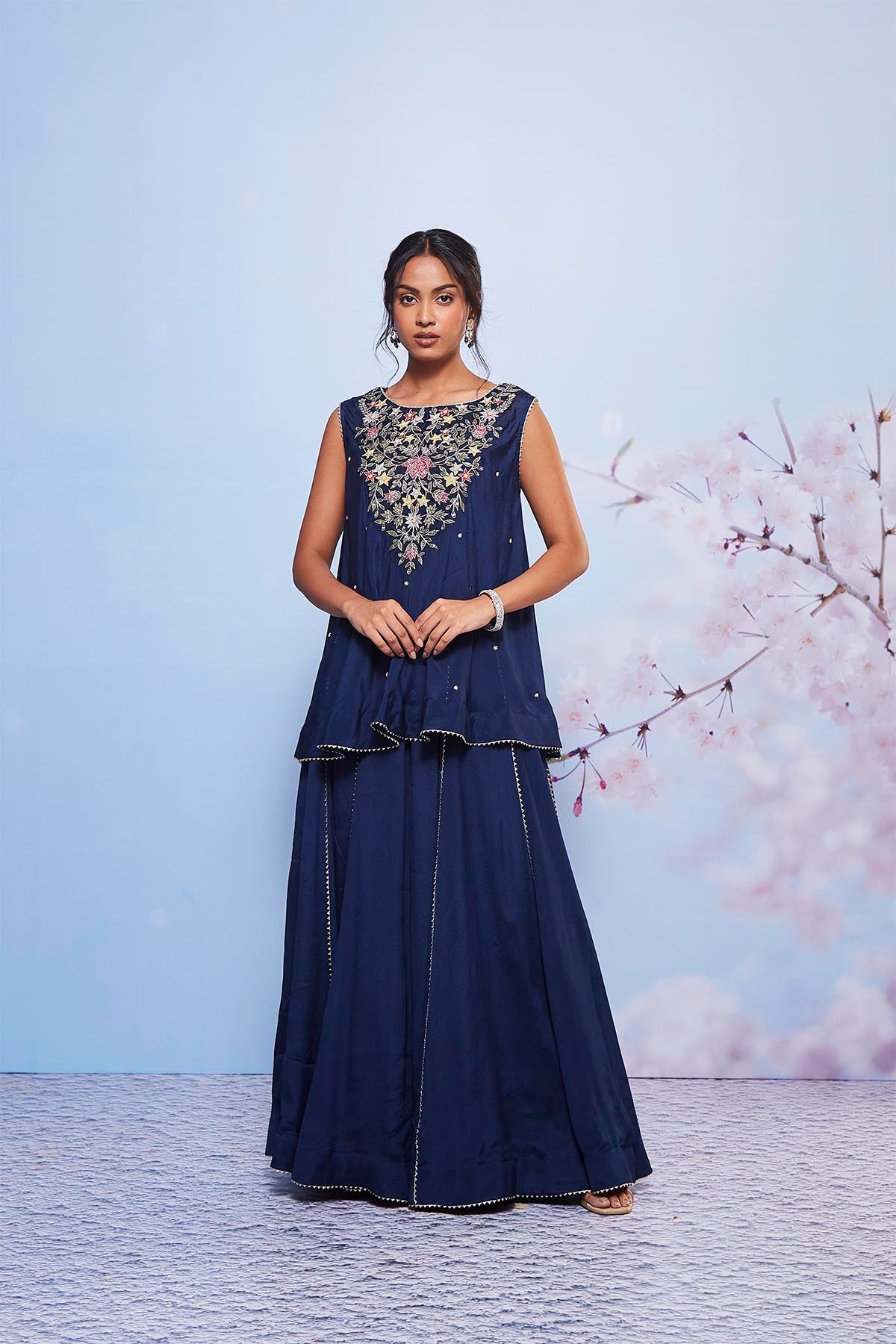 Navy Blue Embroidered Chiffon A-Line Kurta Sharara Set