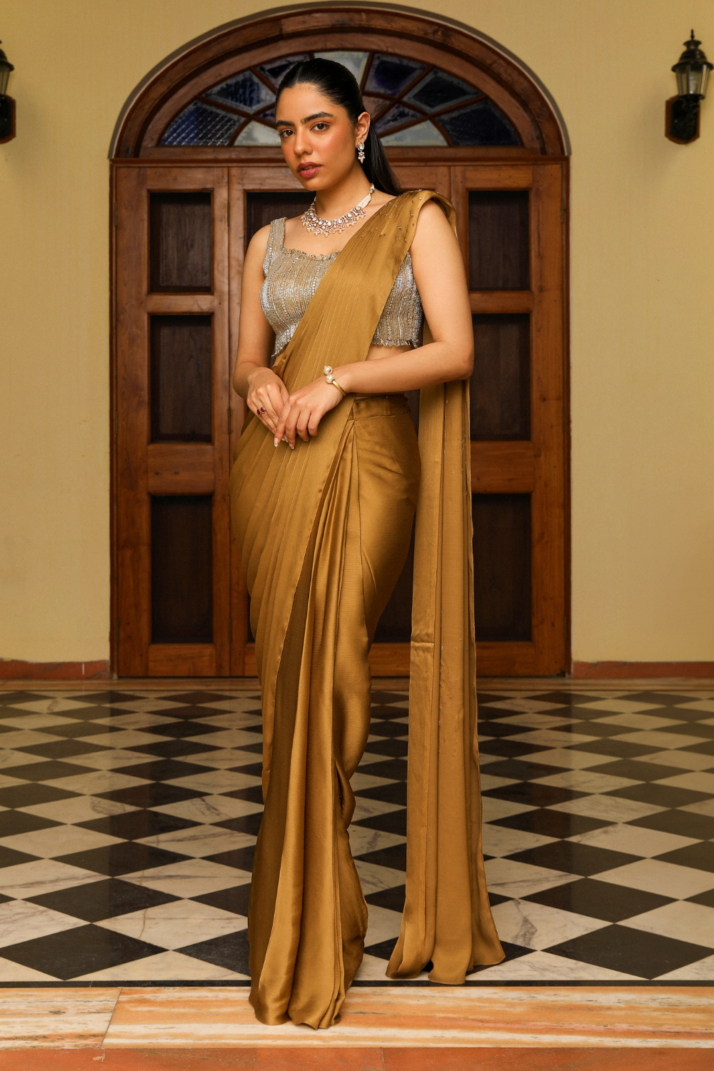 Khwaish Honey Gold Drape Saree with Heavy Dori and Cut Dana Work