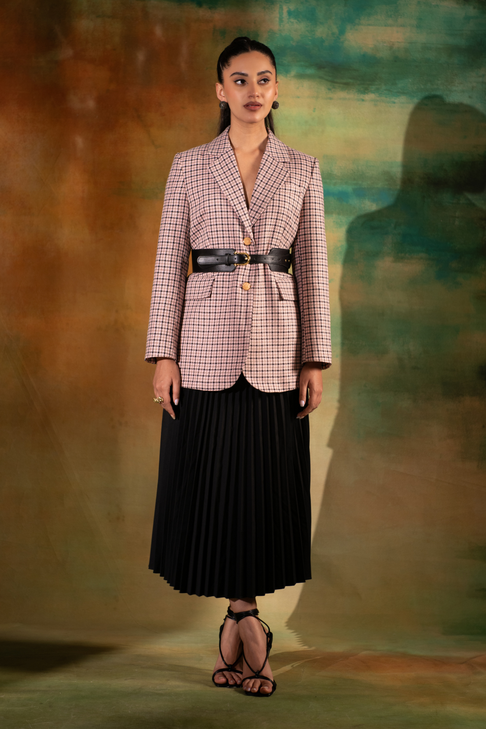 Pink Check Tweed Long Jacket with Pleated Silk Crepe Skirt Set
