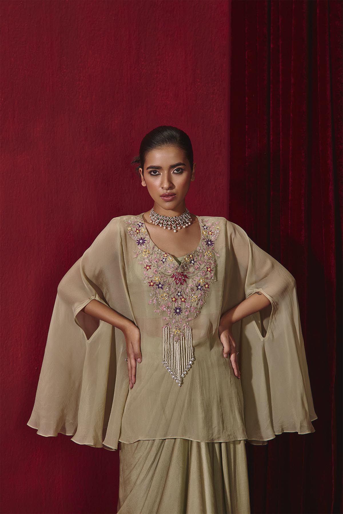 Chahat Mint Embroidered Organza Cape and Pick Up Skirt Set