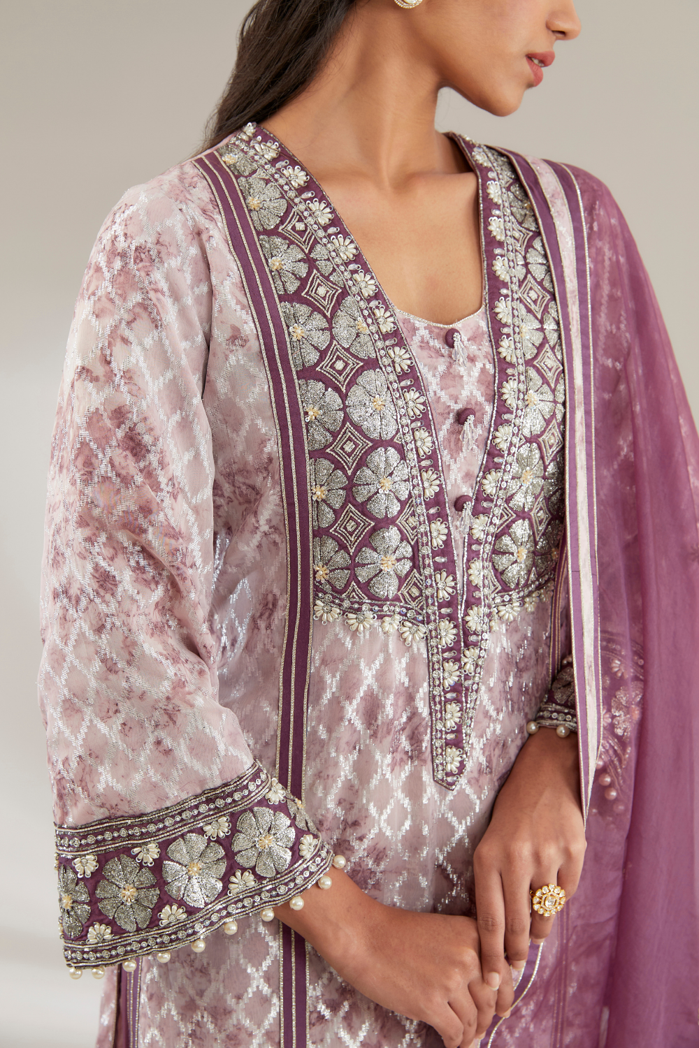 Sahana Purple Upada Silk Embroidered Suit Set with Organza Dupatta