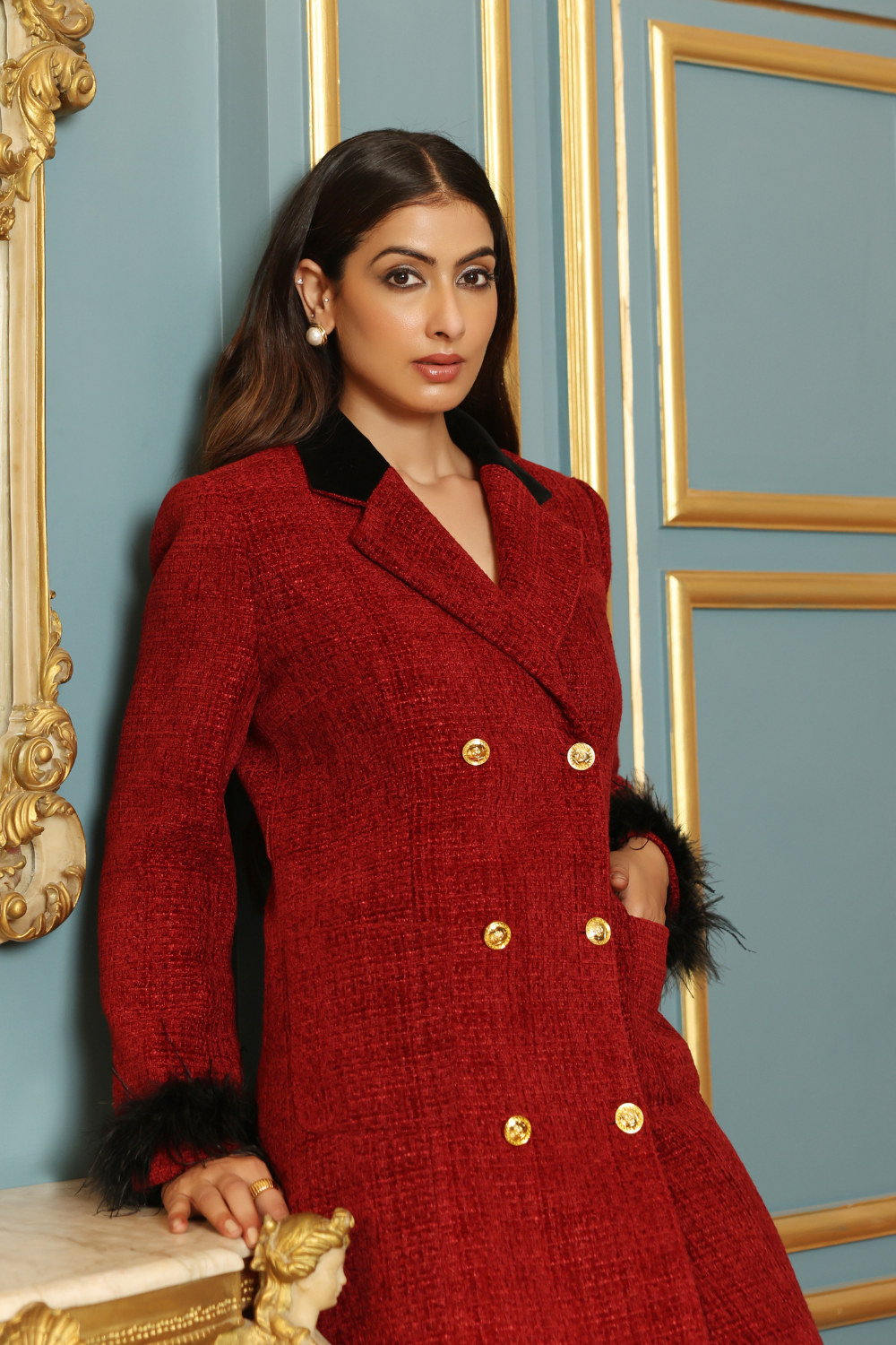 Red Tweed Dress with Fur Sleeves - Luxury Structured Winter Wear