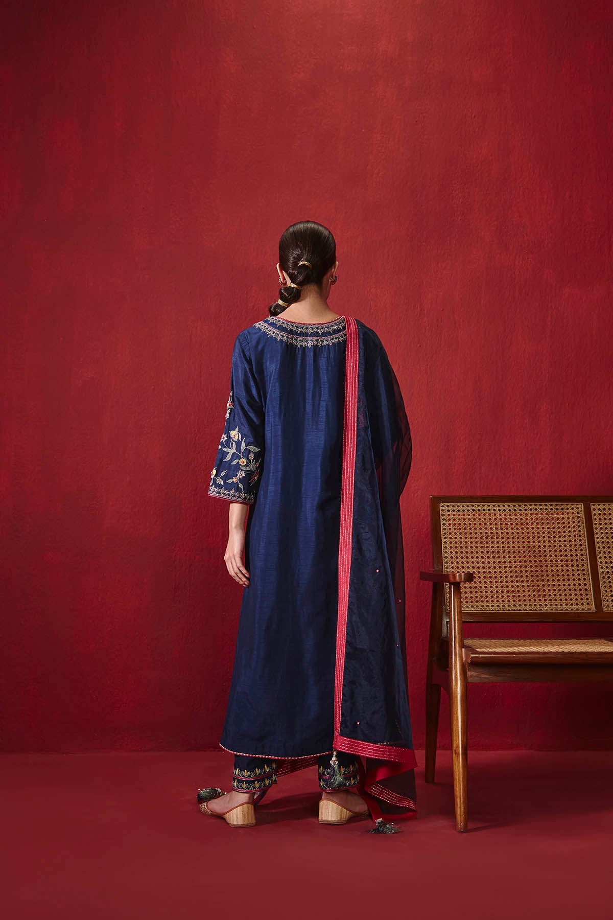 Navy Blue Dupion Silk Kurta Set with Embroidered Organza Dupatta