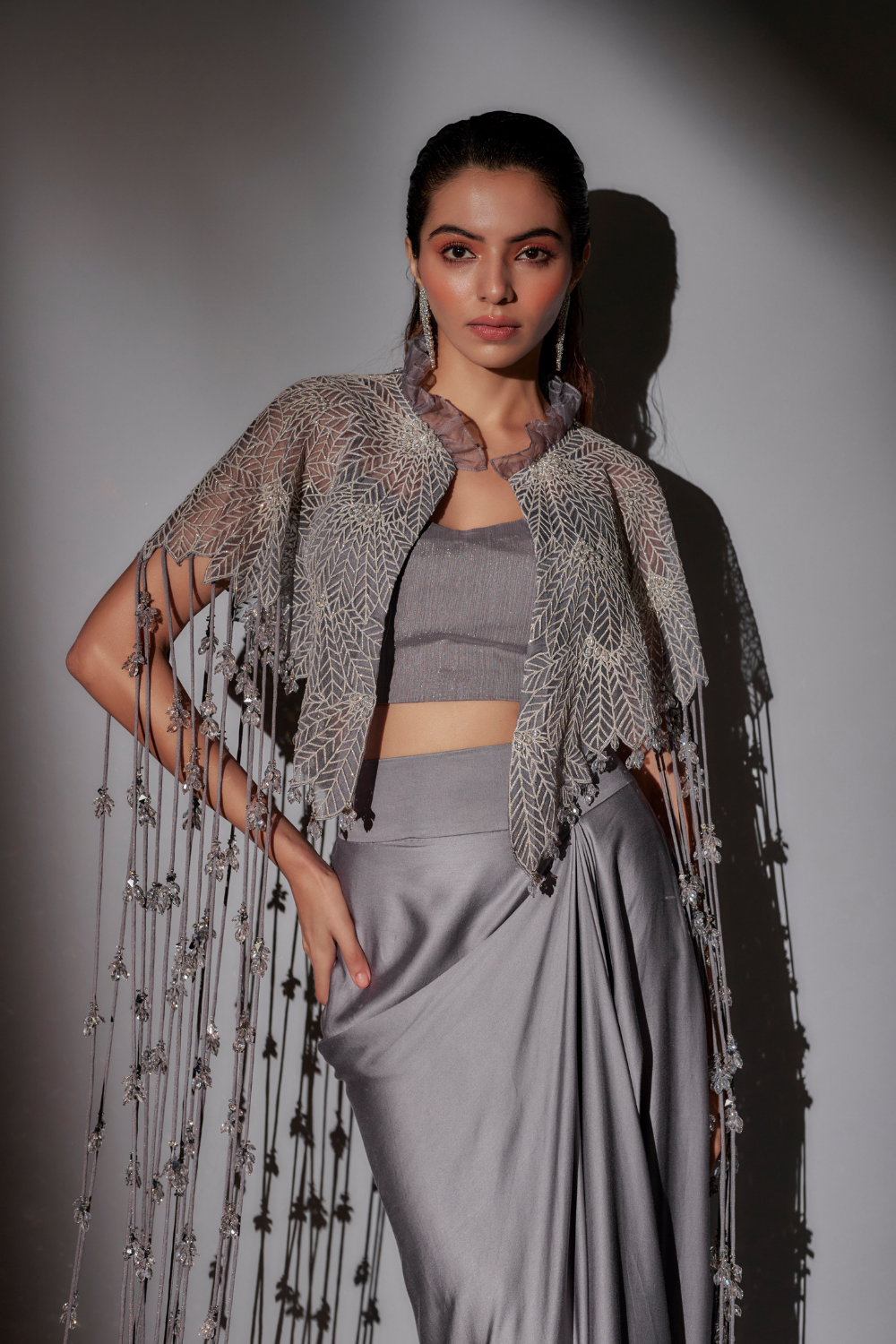 Begum Cape Set with Crystal Chandelier Neckline & Pickup Skirt