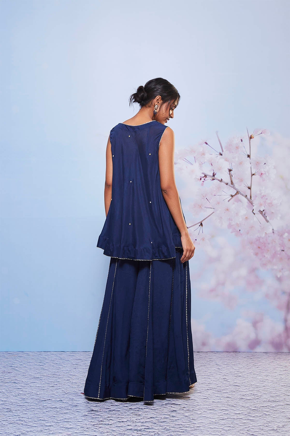 Navy Blue Embroidered Chiffon A-Line Kurta Sharara Set