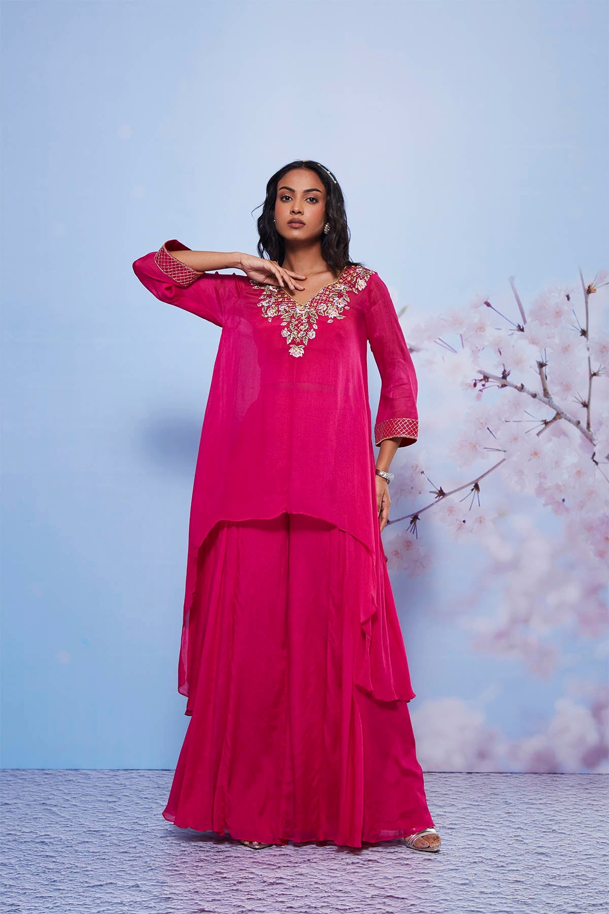 Chanda Rani Asymmetrical Chiffon Kurta Set with Sharara & Bustier