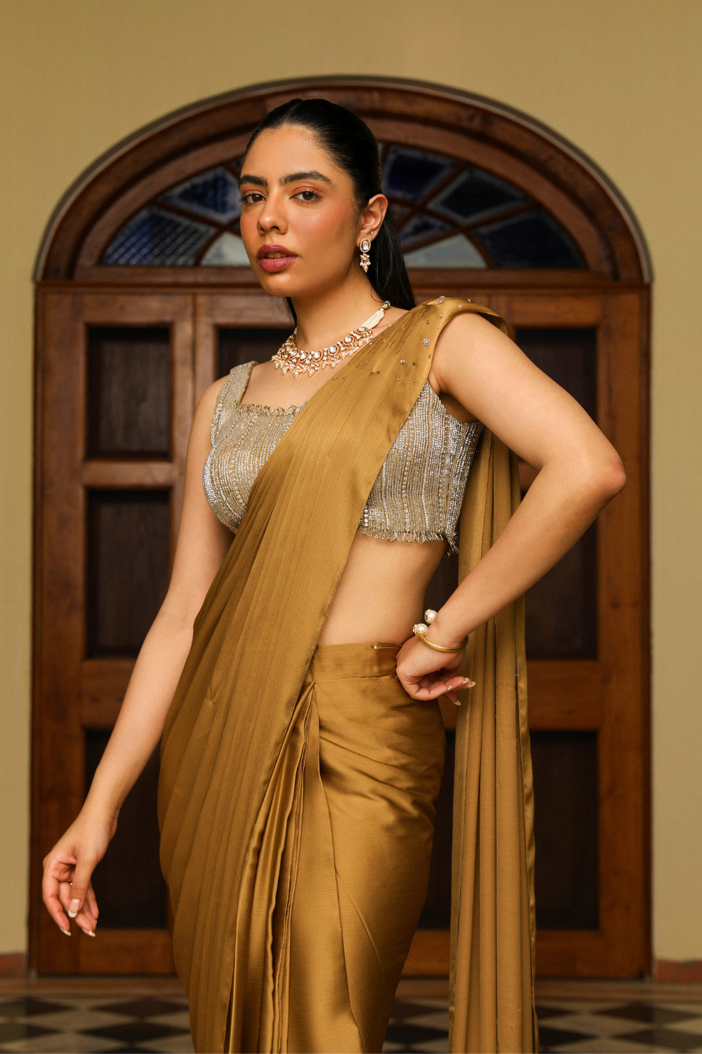Khwaish Honey Gold Drape Saree with Heavy Dori and Cut Dana Work