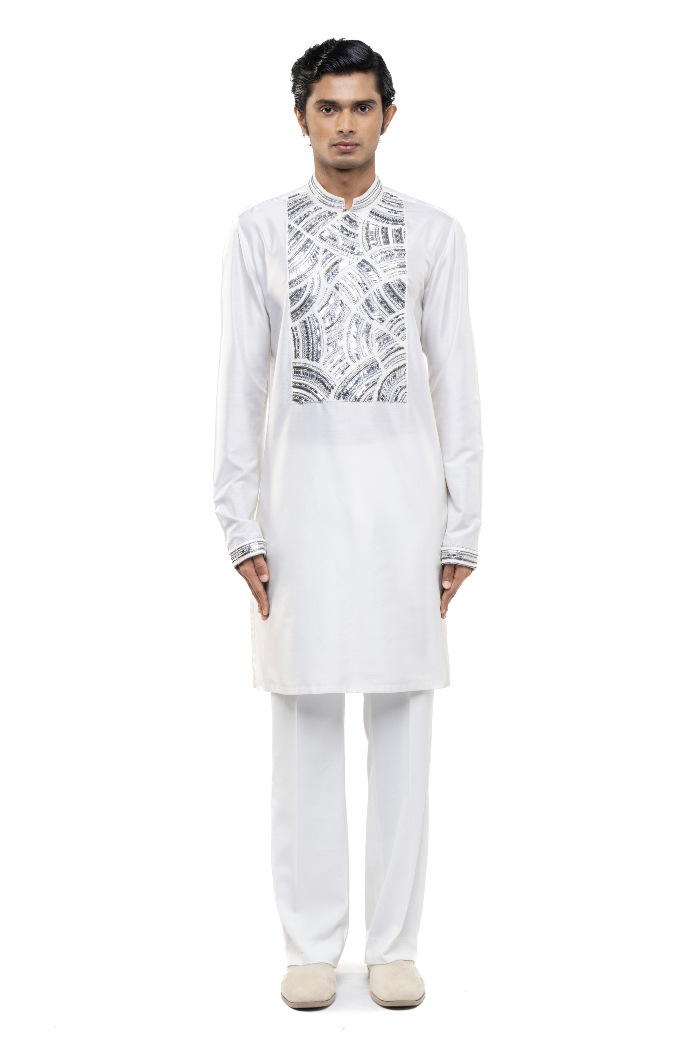 White & Silver Silk Metallic Embroidery Kurta Set