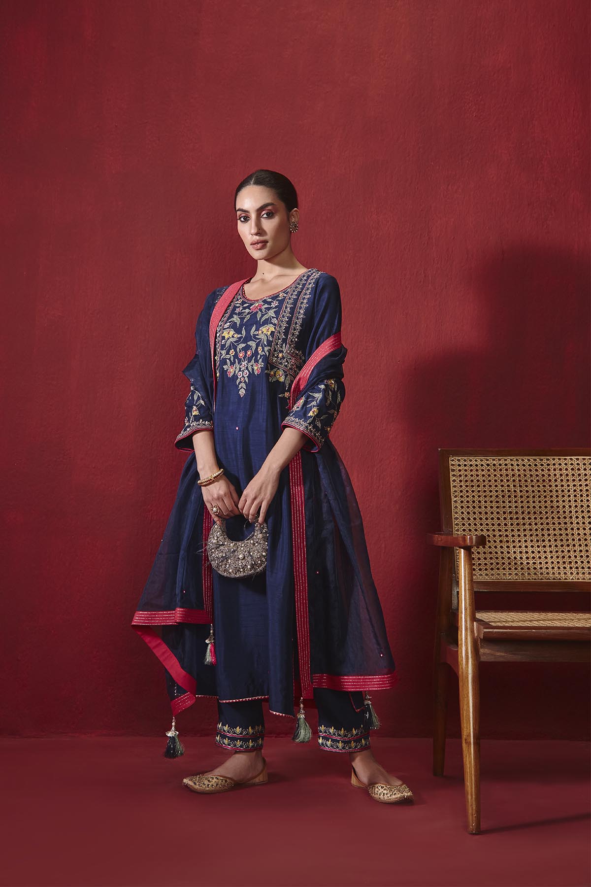 Navy Blue Dupion Silk Kurta Set with Embroidered Organza Dupatta