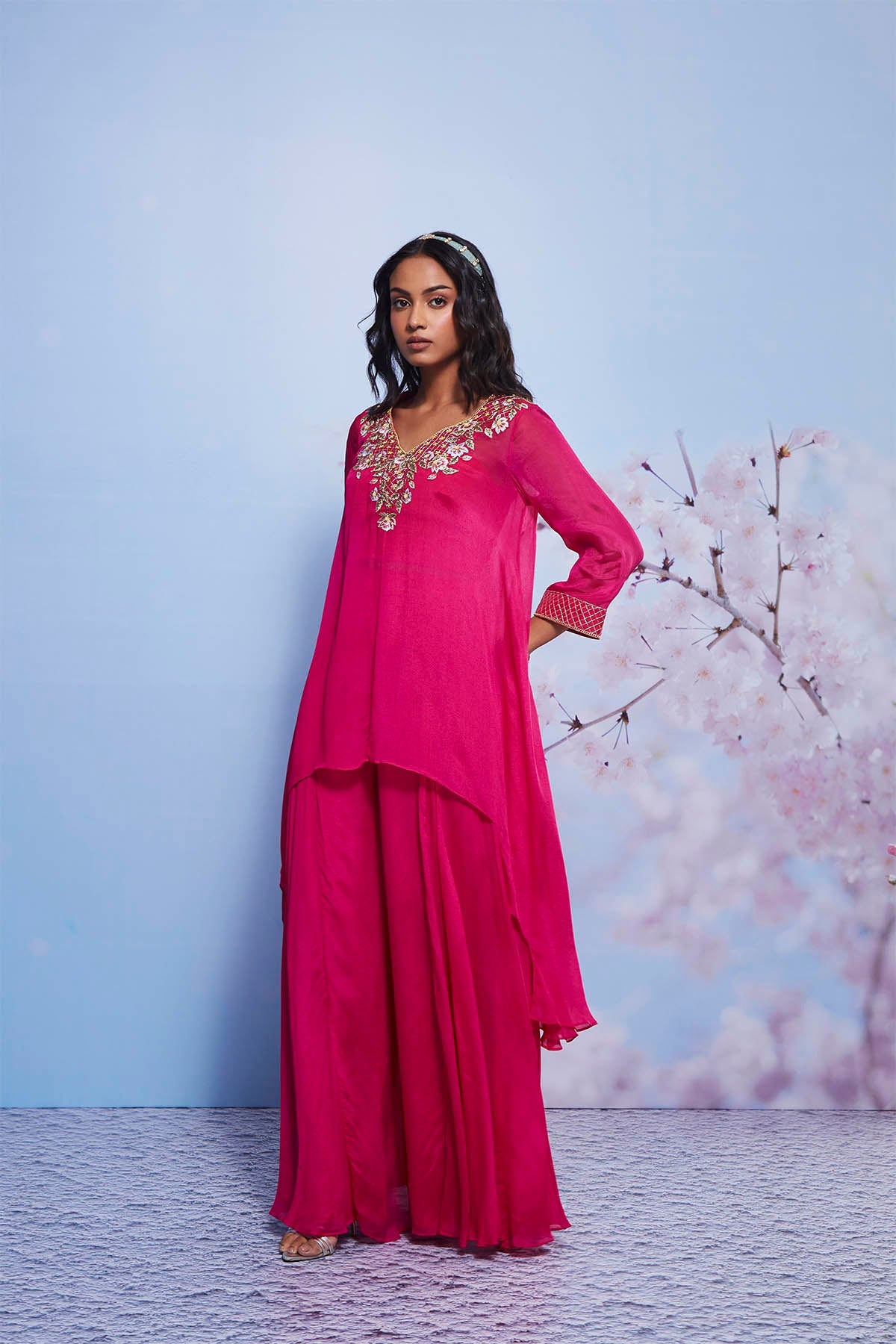 Chanda Rani Asymmetrical Chiffon Kurta Set with Sharara & Bustier