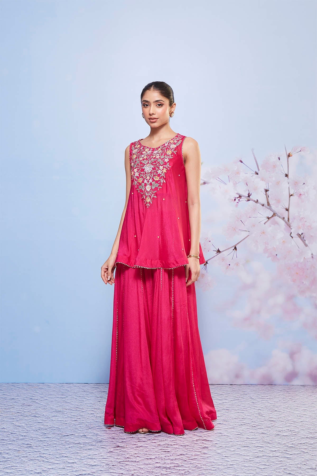 Rani Pink Chiffon A-Line Kurta and Sharara Set with Embroidery